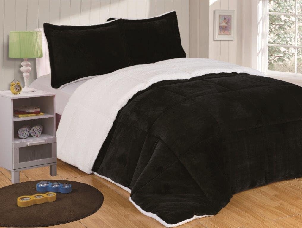 Chezmoi Collection 3-Piece Micromink Sherpa Reversible Down Alternative Comforter Set (King, Black)